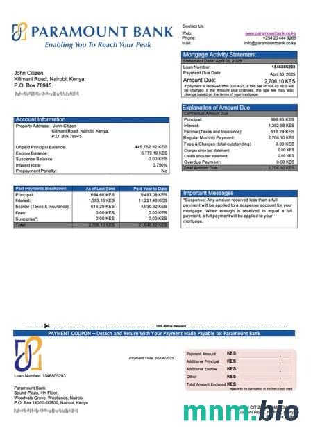 Kenia Bank Paramount wyciąg z kredytu hipotecznego szablon Word i PDF